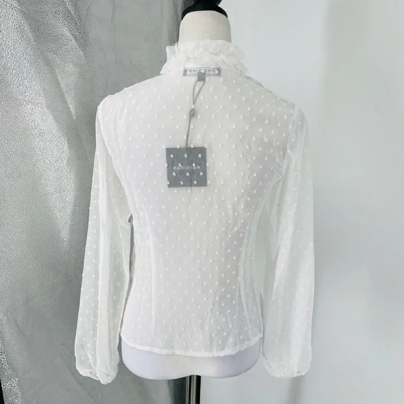 White Polka Dot Long Sleeve High Neck Ruffle Blouse Top - Picture 13 of 15
